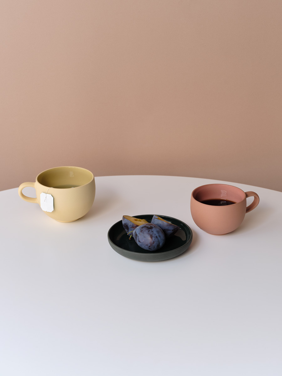 STONEWARE ROUND MUG S salmon pink M yellow PLATE S deep green with plum